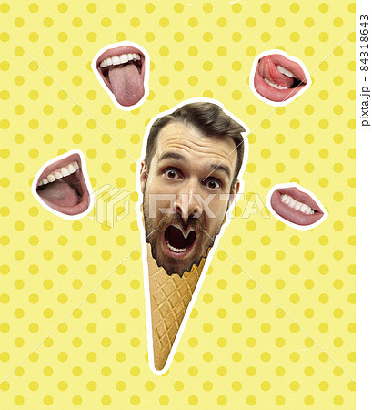 Contemporary art collage of of male head in ice cream cone and female mouth around isolated over yellow background. Contemporary art collage of of male head in ice cream cone and female mouth around isolated over yellow background. 84318643