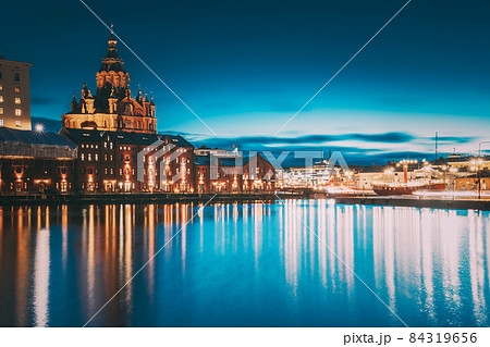 Helsinki, Finland. View Of Kanavaranta Street With Uspenski Cathedral In Evening Night Illuminations 84319656