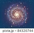 Magic spiral galaxy with neon glowing stars over deep dark space illustration in vector. Fantasy digital artwork with planets, stars as swirl bright plasma. 84320744