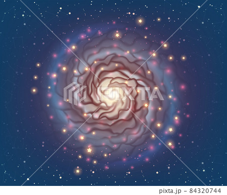 Magic spiral galaxy with neon glowing stars over deep dark space illustration in vector. Fantasy digital artwork with planets, stars as swirl bright plasma. Magic spiral galaxy with neon glowing stars over deep dark space illustration in vector. Fantasy digital artwork with planets, stars as swirl bright plasma. 84320744
