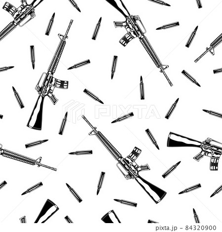Seamless pattern of vintage monochrome detailed illustration of m 16 assault rifle and ammo. Vector illustration 84320900