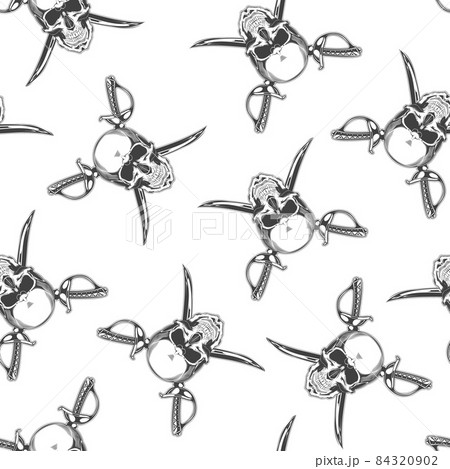 Seamless pattern of vintage monochrome skull and crossed sabers. Vector illustration 84320902