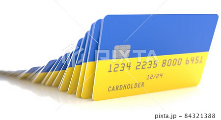 Line of fallen credit cards with flags of Ukraine on white background, 3d rendering 84321388