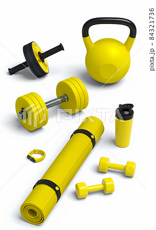 Isometric view of sport equipment like yoga mat, dumbbell and smart watches on white background. 3d render of power lifting and fitness concept Isometric view of sport equipment like yoga mat, dumbbell and smart watches on white background. 3d render of power lifting and fitness concept 84321736