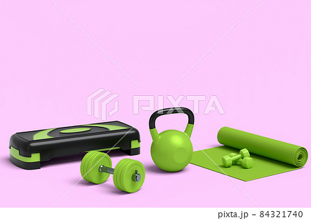 Isometric view of sport equipment like yoga mat, dumbbell and stepper on pink background. 3d render of power lifting and fitness concept Isometric view of sport equipment like yoga mat, dumbbell and stepper on pink background. 3d render of power lifting and fitness concept 84321740