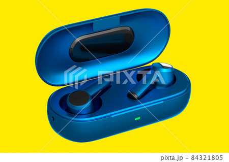 3D rendering of wireless blue earphones in base box on yellow background. Concept of headphones for workouts or listening streaming services 84321805
