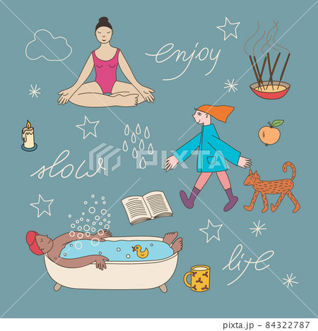 Enjoy Slow life. Woman walking, doing yoga, bathing. Hand drawn illustration with text. 84322787