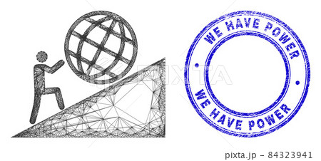 Rubber We Have Power Stamp and Linear Irregular Mesh Man Rolling Globe Up Icon 84323941