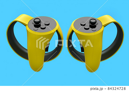 Virtual reality yellow controllers for online and cloud gaming on blue background. 3D rendering of device for augmented reality or VR 84324728