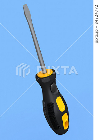 Black and yellow screwdriver isolated on blue background Black and yellow screwdriver isolated on blue background 84324772