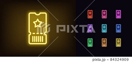Outline neon ticket icon. Glowing neon ticket with star, pass pictogram in vivid colors Outline neon ticket icon. Glowing neon ticket with star, pass pictogram in vivid colors 84324909