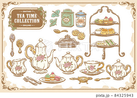 ティータイムのアンティーク小物。ベクターイラスト素材 ティータイムのアンティーク小物。ベクターイラスト素材 84325943