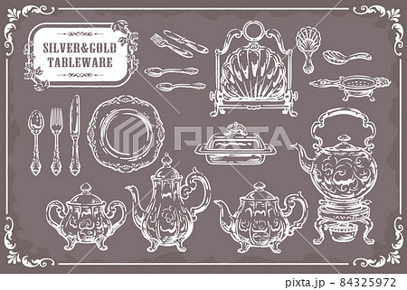 銀器、銀食器。アンティーク小物セット。ベクターイラスト素材のイラスト素材 [84325972] - PIXTA
