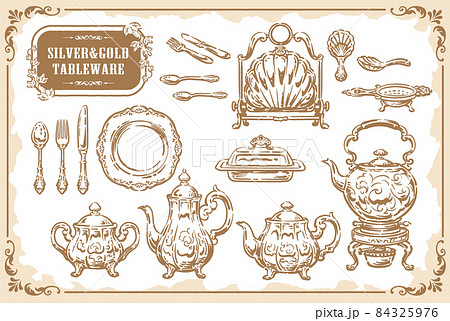 銀器、銀食器。アンティーク小物セット。ベクターイラスト素材の
