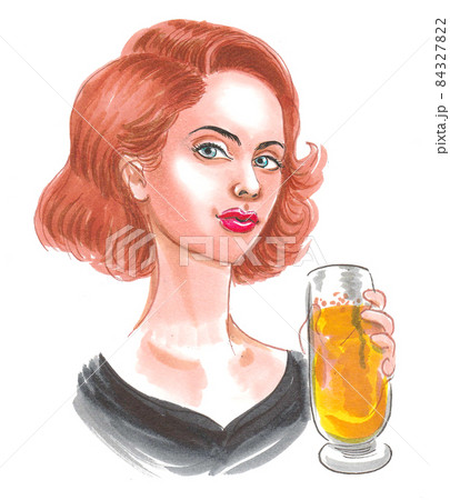 Pretty girl drinking beer. Ink and watercolour drawing Pretty girl drinking beer. Ink and watercolour drawing 84327822