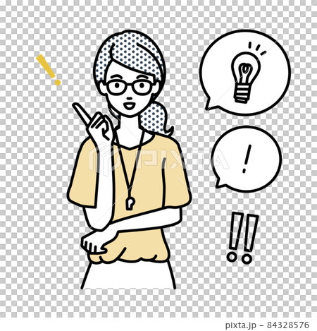 一組燈泡和氣球上的感嘆號，一個站起來想出一個好主意的女教師 84328576