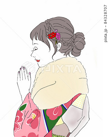 手を合わせて目をつむっている着物を着た女性 84328707