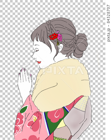 手を合わせて目をつむっている着物を着た女性 84328707
