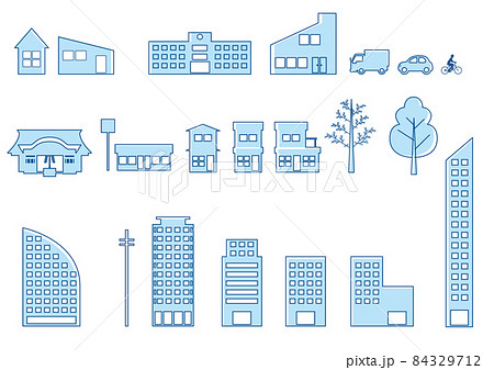 シンプルに描かれたビル建物住居一戸建てのアイコン イラストセットのイラスト素材