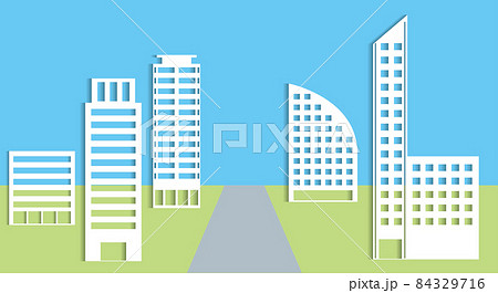 シンプルな建物ビルディングの切り絵風アイコンで描かれた都市街並みの2色風景イラストのイラスト素材 シンプルな建物ビルディングの切り絵風アイコンで描かれた都市街並みの2色風景イラストのイラスト素材