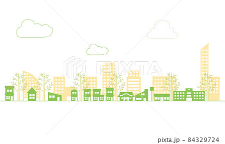 シンプルな建物ビルディングのアイコンで描かれた街並みの2色風景イラストのイラスト素材
