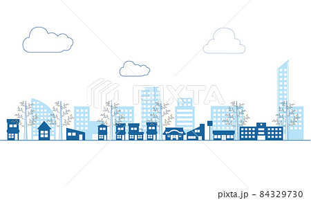 シンプルな建物ビルディングのアイコンで描かれた街並みの2色風景イラストのイラスト素材 シンプルな建物ビルディングのアイコンで描かれた街並みの2色風景イラストのイラスト素材