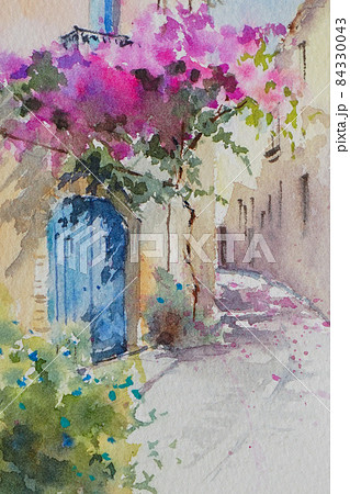 南フランスの小さな村 水彩画 風景画のイラスト素材 [84330043