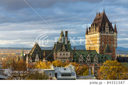 Quebec, Canada - October 20 2021 : Fairmont Le Chateau Frontenac sunset time view. Quebec City Old Town in autumn dusk. 84331387