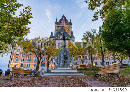 Quebec, Canada - October 20 2021 : Fairmont Le Chateau Frontenac sunset time view. Quebec City Old Town in autumn dusk. 84331390