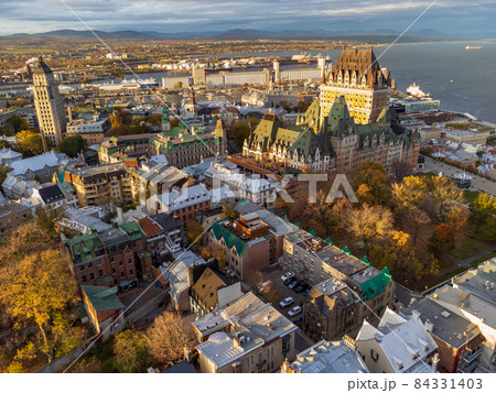Aerial view of Quebec City Old Town in the fall season sunset time. Aerial view of Quebec City Old Town in the fall season sunset time. 84331403
