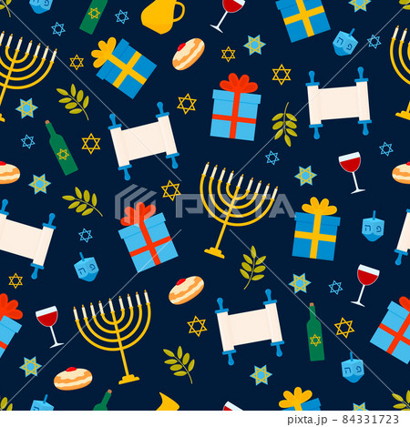 Hanukkah seamless pattern with traditional Jewish symbols dreidel, Menorah candle, jar, star of david, etc . Jewish vector background. Template for greeting card, fabric, textile, scrapbooking, etc Hanukkah seamless pattern with traditional Jewish symbols dreidel, Menorah candle, jar, star of david, etc . Jewish vector background. Template for greeting card, fabric, textile, scrapbooking, etc 84331723