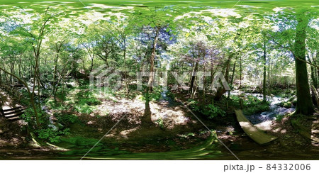 360度 全天球写真 木々の周りを水が流れる夏の終わりの清涼感あふれる尚仁沢湧水 360度 全天球写真 木々の周りを水が流れる夏の終わりの清涼感あふれる尚仁沢湧水 84332006