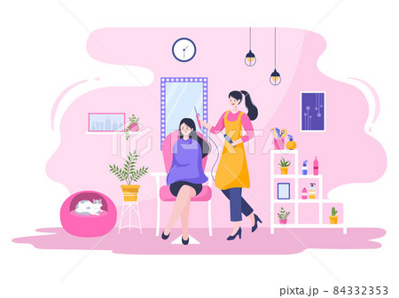 Hairdresser beauty Salon Flat Design Vector Illustration with Costumer for Haircuts, Coloring and Hairstyles 84332353