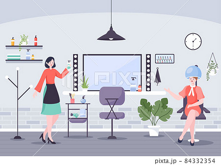 Hairdresser beauty Salon Flat Design Vector Illustration with Costumer for Haircuts, Coloring and Hairstyles 84332354