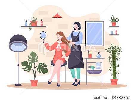 Hairdresser beauty Salon Flat Design Vector Illustration with Costumer for Haircuts, Coloring and Hairstyles 84332356