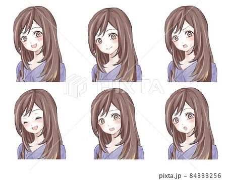 Female Facial Expression Variation Long Hair Stock Illustration