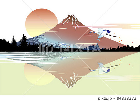 浮世絵の富士山と日の出の湖に映る逆さ富士のイラスト素材