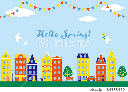 カラフルな家や店が立ち並ぶ街のイラストの背景素材のイラスト素材