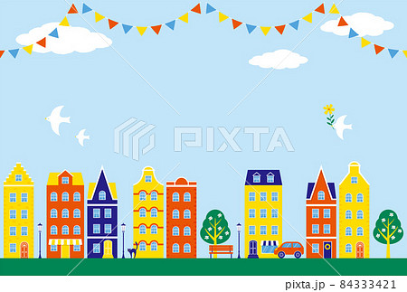 カラフルな家や店が立ち並ぶ街のイラストの背景素材のイラスト素材