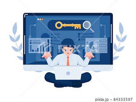 Businessman Working on Laptop with Golden Key on Search Bar 84333597