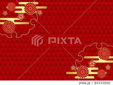 和紙風和花と金箔雲のうろこ模様背景ヨコ 84333600