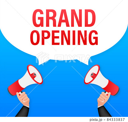 Megaphone label with grand opening. Megaphone banner. Web design. Vector stock illustration 84333837