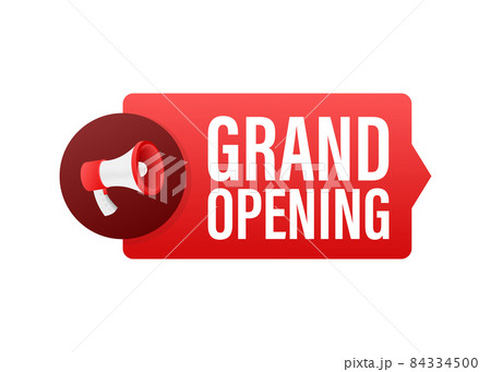 Megaphone label with grand opening. Megaphone banner. Web design. Vector stock illustration 84334500