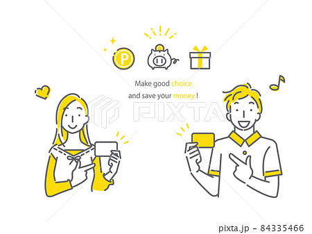 カードをおすすめする笑顔の若い女性と男性 シンプルでお洒落な線画イラスト カードをおすすめする笑顔の若い女性と男性 シンプルでお洒落な線画イラスト 84335466