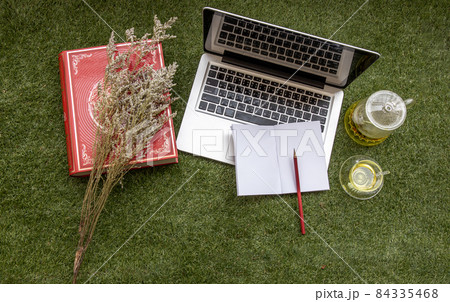 A blank notebook with pencial for planning work on laptop at in the park. Concept for business. 84335468