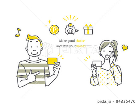 カードをおすすめする笑顔の若い女性と男性　シンプルでお洒落な線画イラスト 84335470