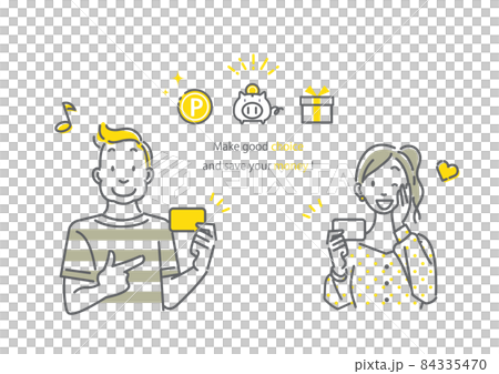 カードをおすすめする笑顔の若い女性と男性　シンプルでお洒落な線画イラスト 84335470