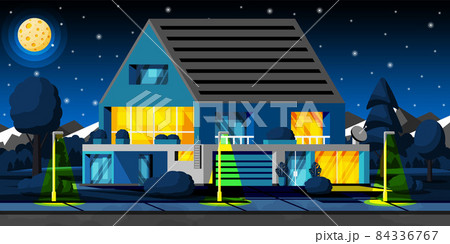 Landscape with Residential Cottage in Night. Landscape with Residential Cottage in Night. 84336767