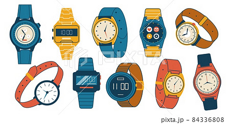 Mens and womens wristwatch. Doodle analog and digital watches. Isolated smartwatches with colorful straps. Fashion time measure accessory collection. Hand clocks. Vector timepieces set Mens and womens wristwatch. Doodle analog and digital watches. Isolated smartwatches with colorful straps. Fashion time measure accessory collection. Hand clocks. Vector timepieces set 84336808