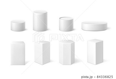 Realistic podium. 3D pillar geometric shapes for product platform. Empty white cylinder cube and hexagonal pedestal for museum exhibition. Vector showroom isolated block templates set 84336825